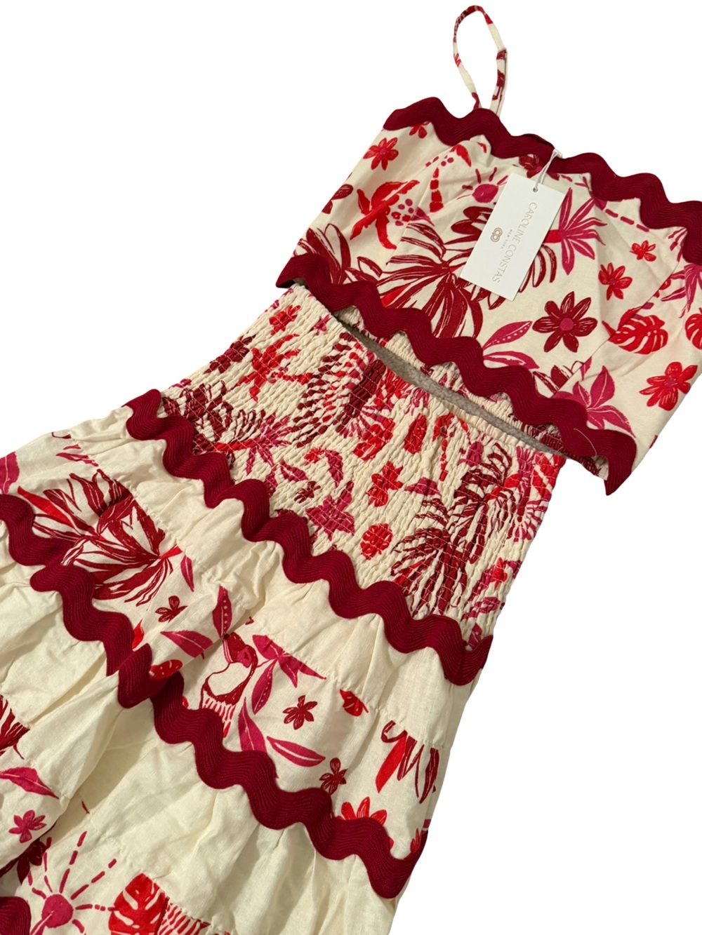 Caroline Constas Linen Scalloped Tropical Top & Midi Skirt Set Red Cream NWT - Picture 3 of 11